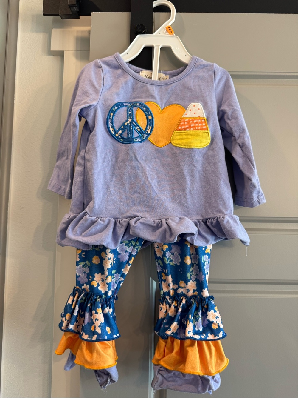 Kids Lavender Peace & Heart Ruffle Set - Matching Top and Floral Ruffle Pants